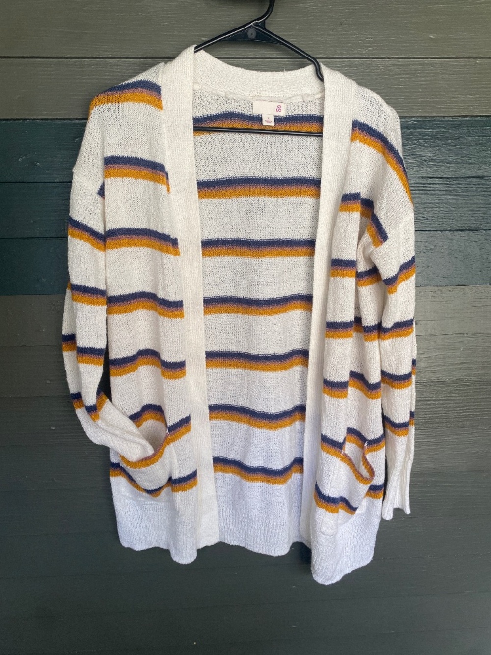 Lightweight Women's Size S Beach White Navy Mustard Striped Cardigan Sweater